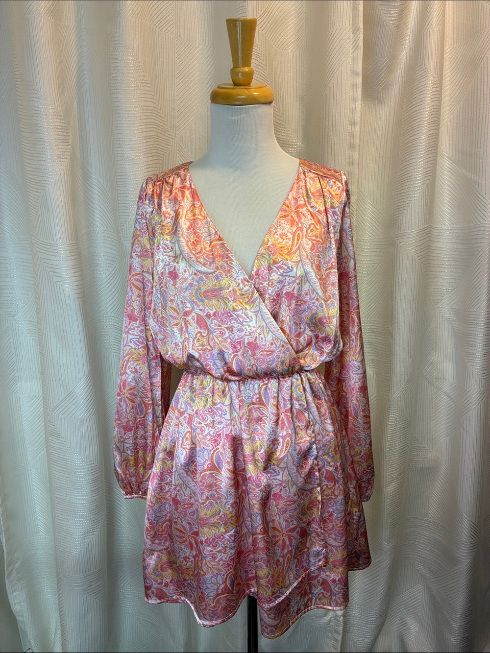 Peach Love California Pink Paisley Long Sleeve Faux Wrap Dress